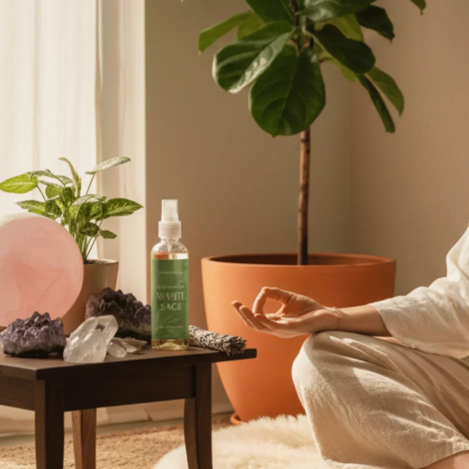 Meditatiehoek met kamerplant, edelstenen, reinigingsspray en yogahouding in zonlicht