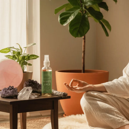 Meditatiehoek met kamerplant, edelstenen, reinigingsspray en yogahouding in zonlicht