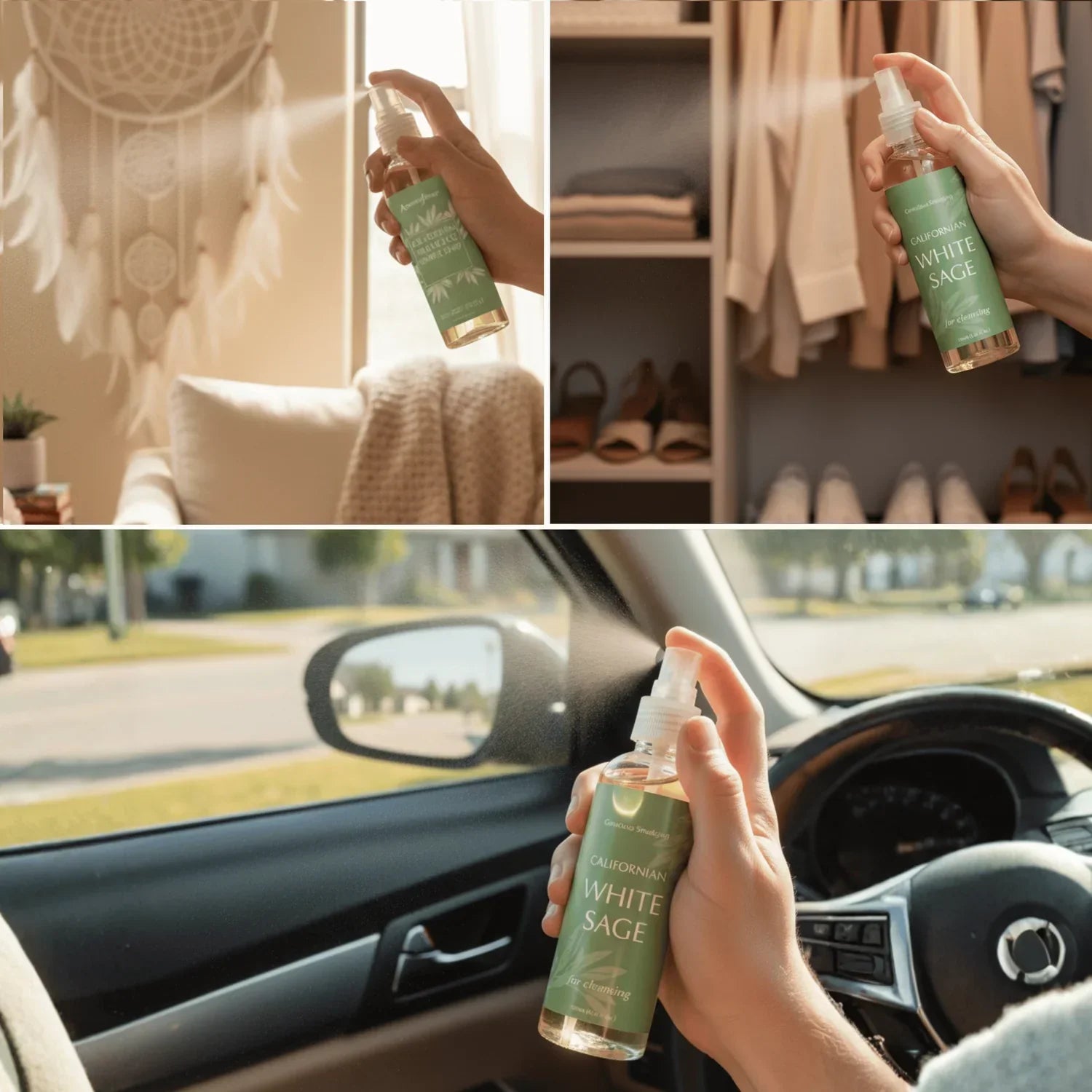 California White Sage spray gebruikt in woonkamer, kledingkast en auto voor frisse geur.