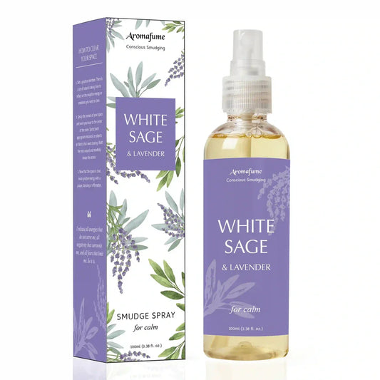 Aromafume white sage en lavendel smudge spray, kalmerende geur, 100ml fles naast doosje
