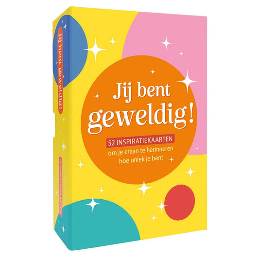 Doos met kleurrijke inspirerende kaarten, tekst 'Jij bent geweldig', zelfontwikkeling cadeau