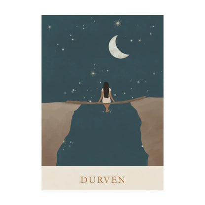 Illustratie van vrouw op smal bruggetje tussen kliffen, met maan en sterren, tekst 'Durven'.