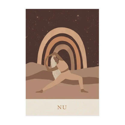 Illustratie van vrouw in yoga pose in de natuur met regenboog en sterrenhemel, mindful leven