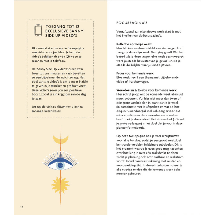 Focuspagina uit mindful planner met Sanny Side Up video’s en wekelijkse reflectie voor productiviteit en rust