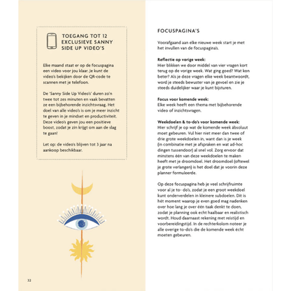 Focuspagina uit mindful planner met Sanny Side Up video’s en wekelijkse reflectie voor productiviteit en rust