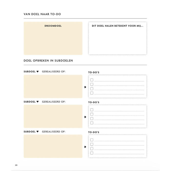 Mindfulness journal pagina voor doelstellingen en to-do's, met secties voor droomdoel en subdoelen