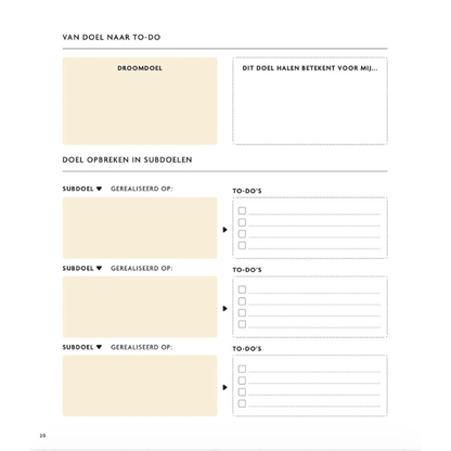 Mindfulness journal pagina voor doelstellingen en to-do's, met secties voor droomdoel en subdoelen