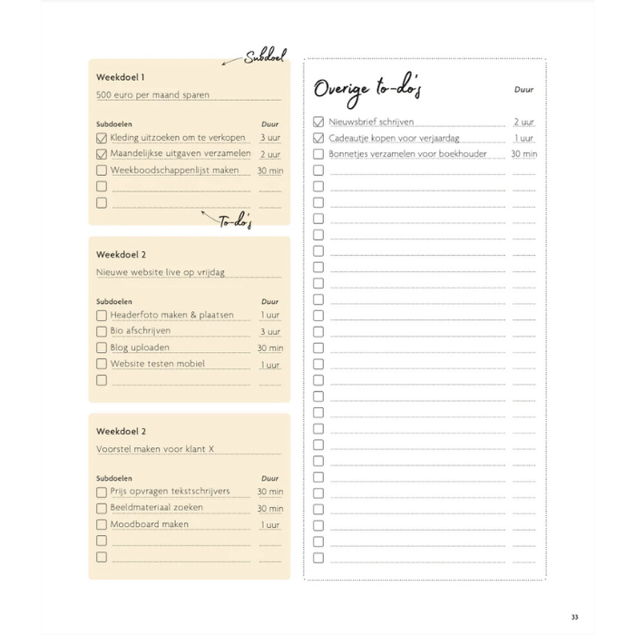 Planningpagina met wekelijkse doelen en to-do’s voor productiviteit en zelfzorg