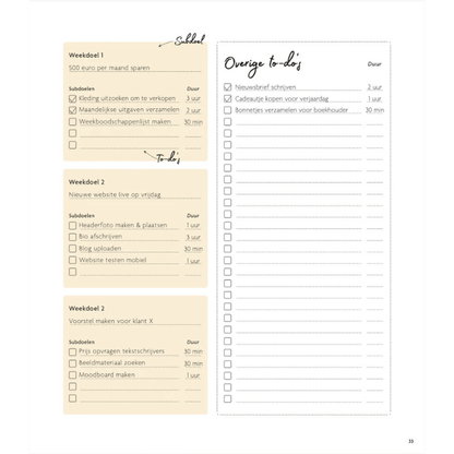 Planningpagina met wekelijkse doelen en to-do’s voor productiviteit en zelfzorg