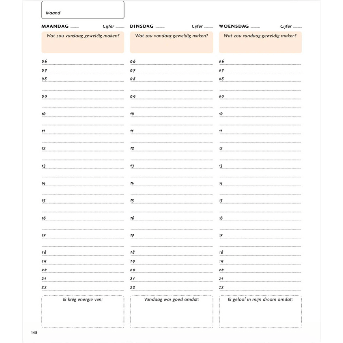 Mindfulness dagboek pagina met dagelijkse reflectie en planning voor rust en zelfzorg