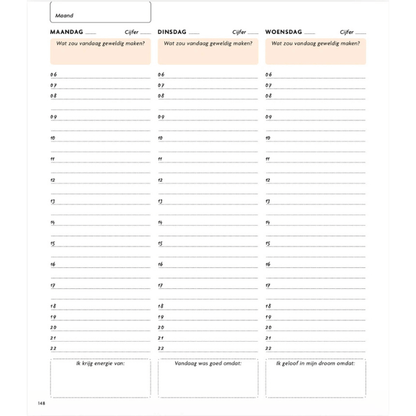 Mindfulness dagboek pagina met dagelijkse reflectie en planning voor rust en zelfzorg