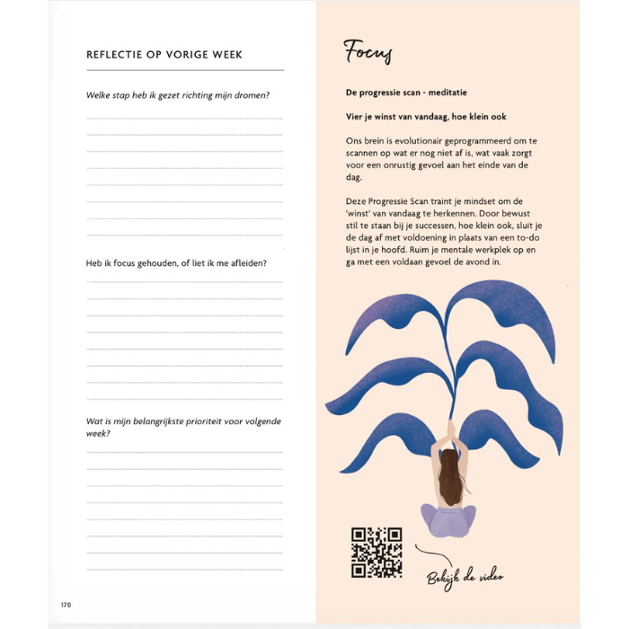 Mindfulness journal pagina met reflectievragen en meditatie-oefening voor focus en rust