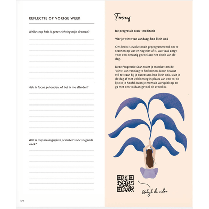 Mindfulness journal pagina met reflectievragen en meditatie-oefening voor focus en rust