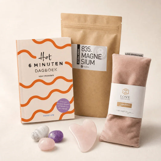 Mindfulness set met dagboek, magnesium, oogkussen en roze kwarts voor rust en zelfzorg
