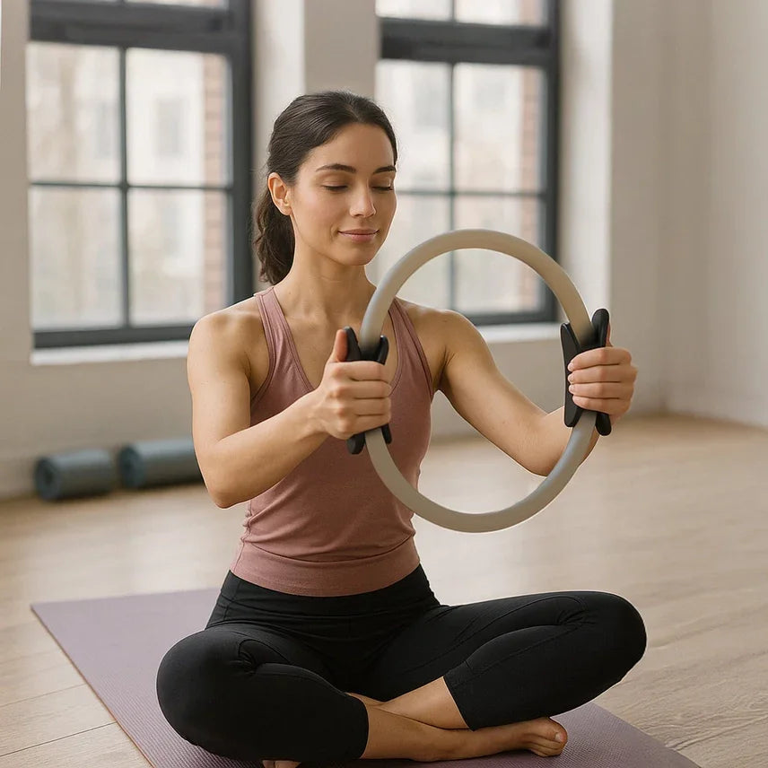 Vrouw mediteert met yoga ring op yogamat, rustige sfeer voor mindfulness en zelfzorg