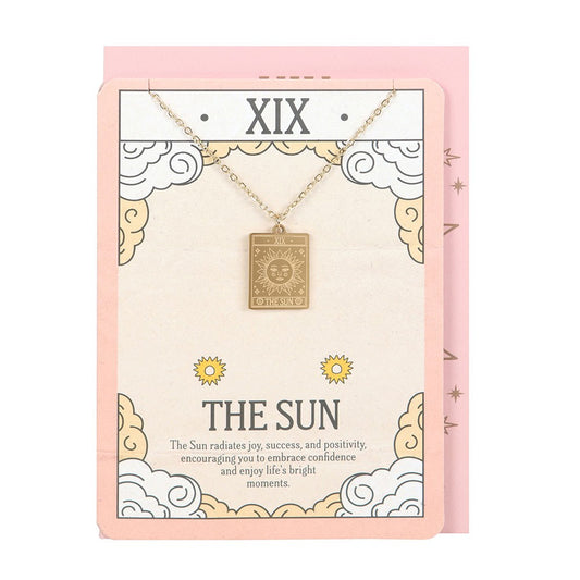 Tarot ketting op wenskaart - The sun - goud