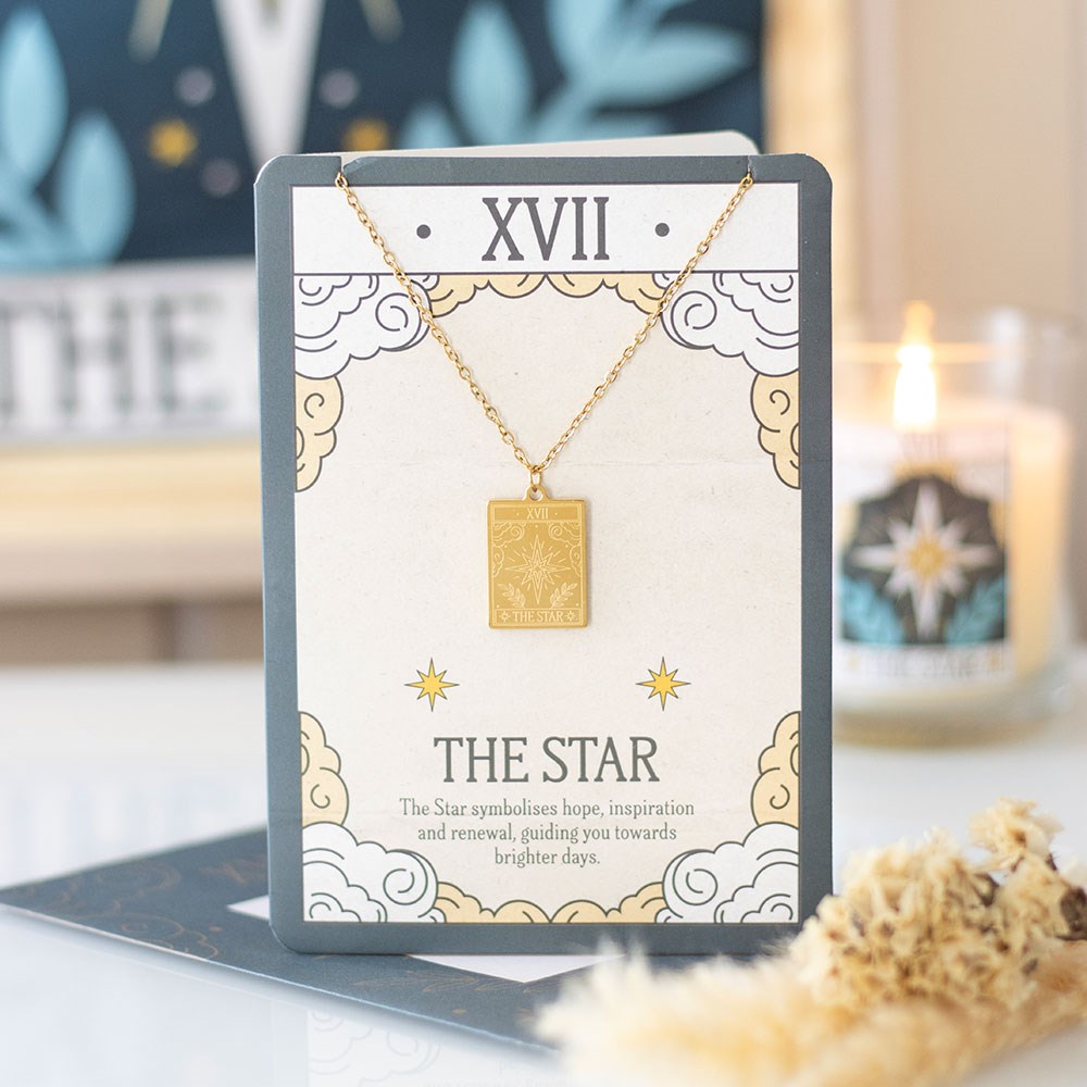 Tarot ketting op wenskaart - The star - goud