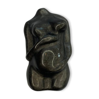 Edelsteen torso zwangere vrouw zilveren glans obsidiaan - 6 cm